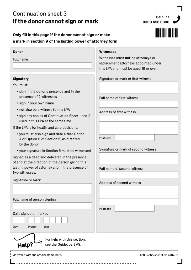 LPC Continuation Sheet 3 Continuation sheet if the donor cannot sign or mark lasting power of attorney LPA preview