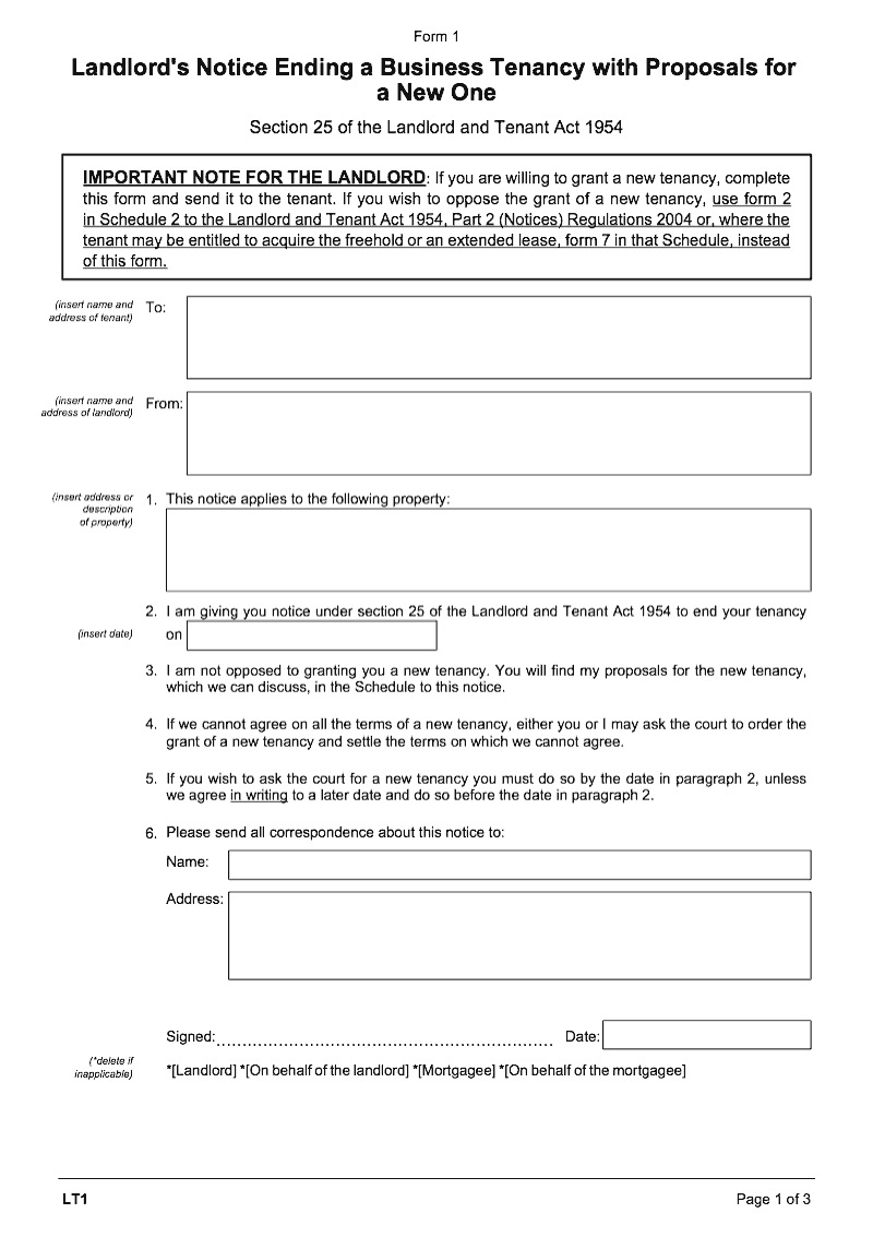 LT1 Landlord's notice ending a business tenancy with proposals for a ...