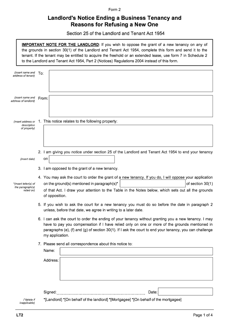 LT2 Landlord s notice ending a business tenancy and reasons for refusing a new one Landlord and Tenant Act 1954 section 25 Form 2 preview