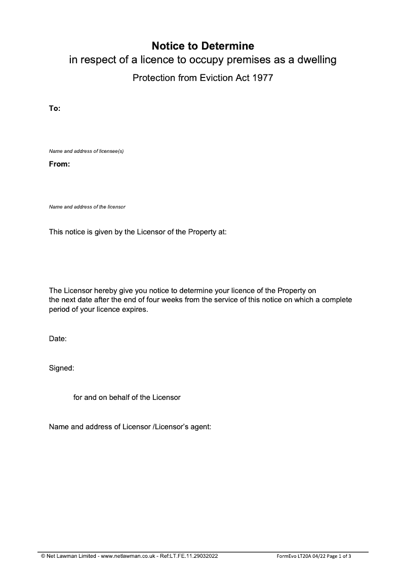 LT20A Notice to Determine in respect of a licence to occupy premises as a dwelling Protection from Eviction Act 1977 preview