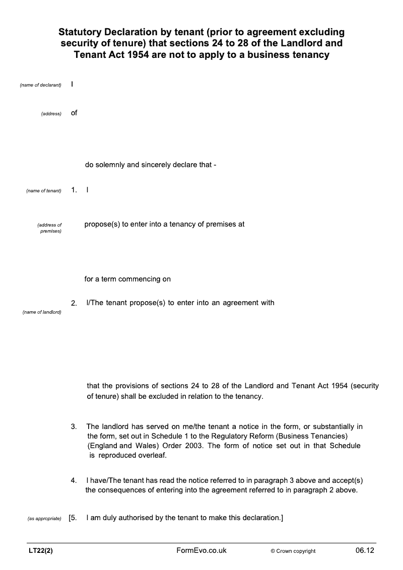 Lt22 2 statutory declaration by tenant prior to agreement excluding