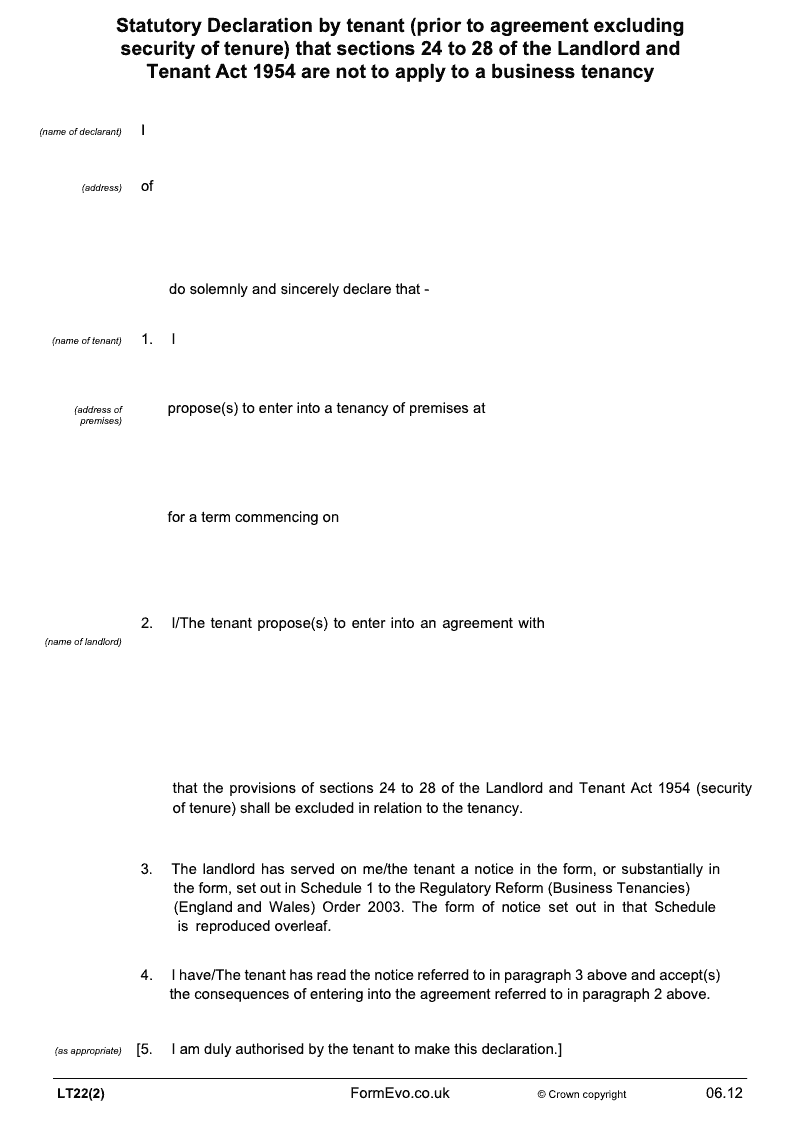 LT22 2 Statutory Declaration by tenant prior to agreement excluding security of tenure that sections 24 to 28 of the Landlord and Tenant Act 1954 are not to apply to a business tenancy preview