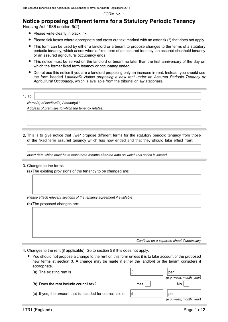 LT31 Notice proposing different terms for a statutory periodic tenancy - preview