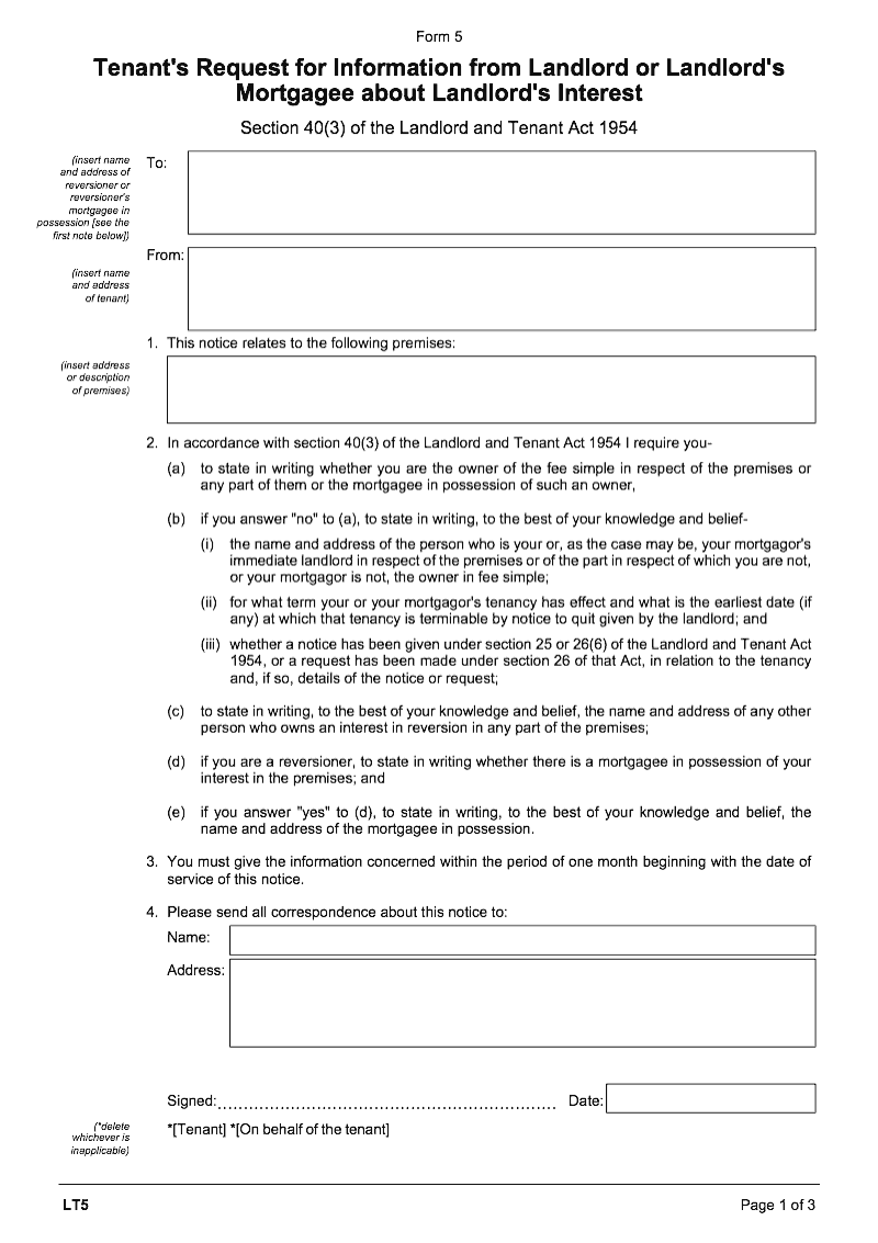 LT5 Tenant s request for information from landlord or landlord s mortgagee about landlord s interest Landlord and Tenant Act 1954 section 40 3 Form 5 preview