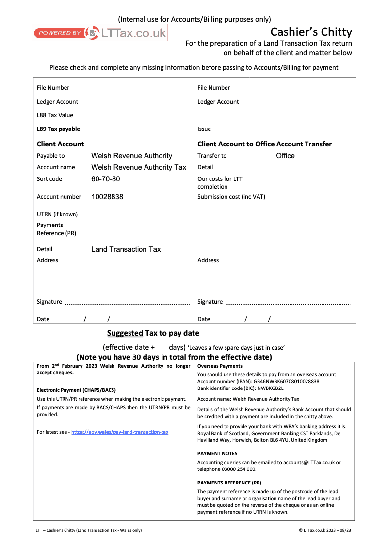 LTT Cashiers Chitty LTT App Only Land Transaction Tax Cashier s Chitty for the preparation of Land Transaction Tax returns Wales only Welsh Revenue Authority preview