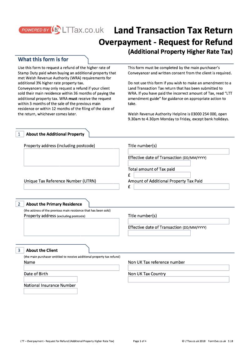 LTT Overpayment Request for Refund Land Transaction Tax Additional Property Higher Rate Tax Welsh Revenue Authority preview