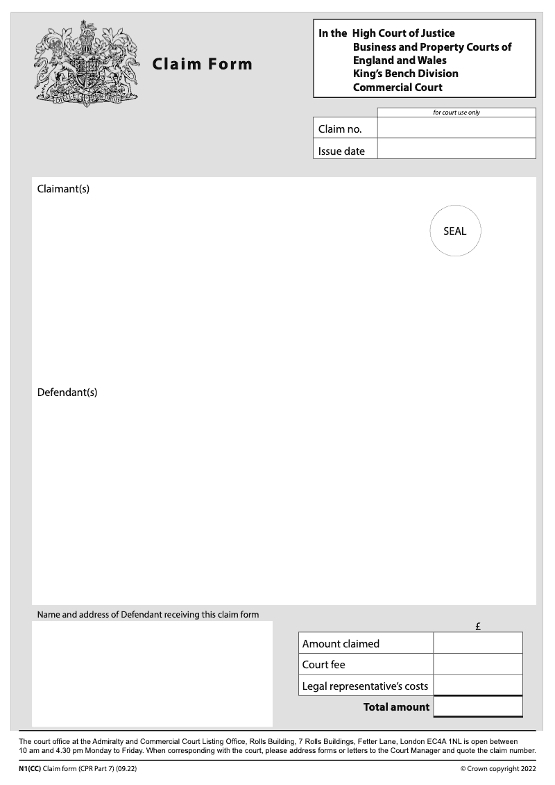 N1 CC Claim form CPR Part 7 Commercial Court preview