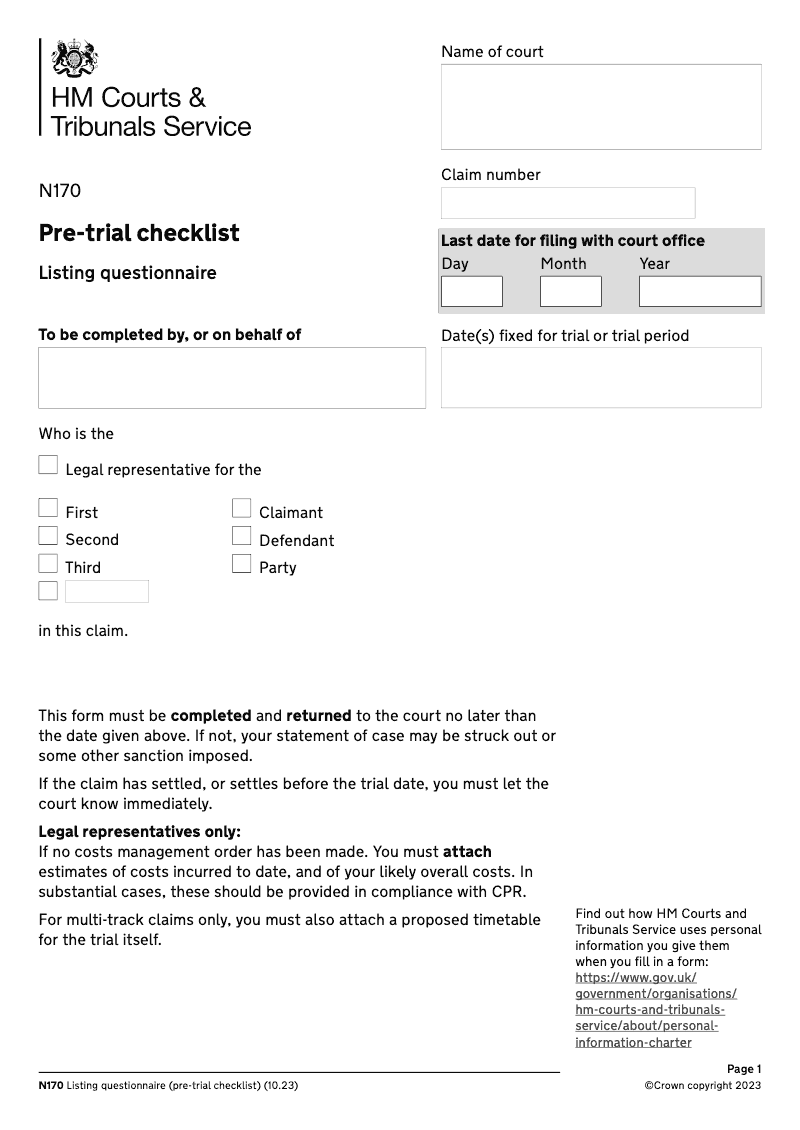 N170 Listing questionnaire Pre trial checklist preview