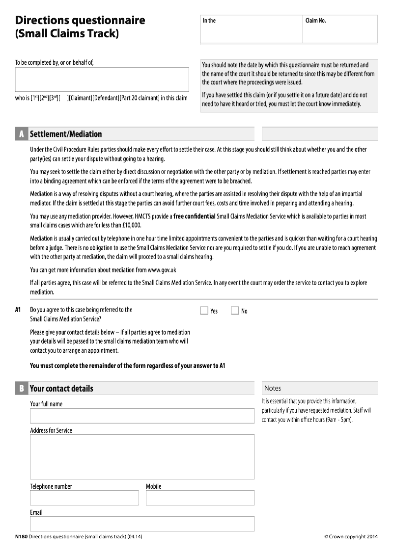 N180 Directions questionnaire Small Claims Track preview