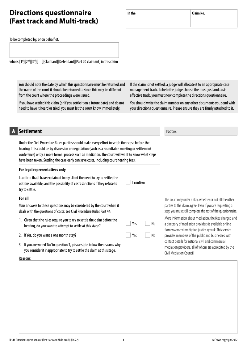 N181 Directions questionnaire (Fast track and Multitrack)