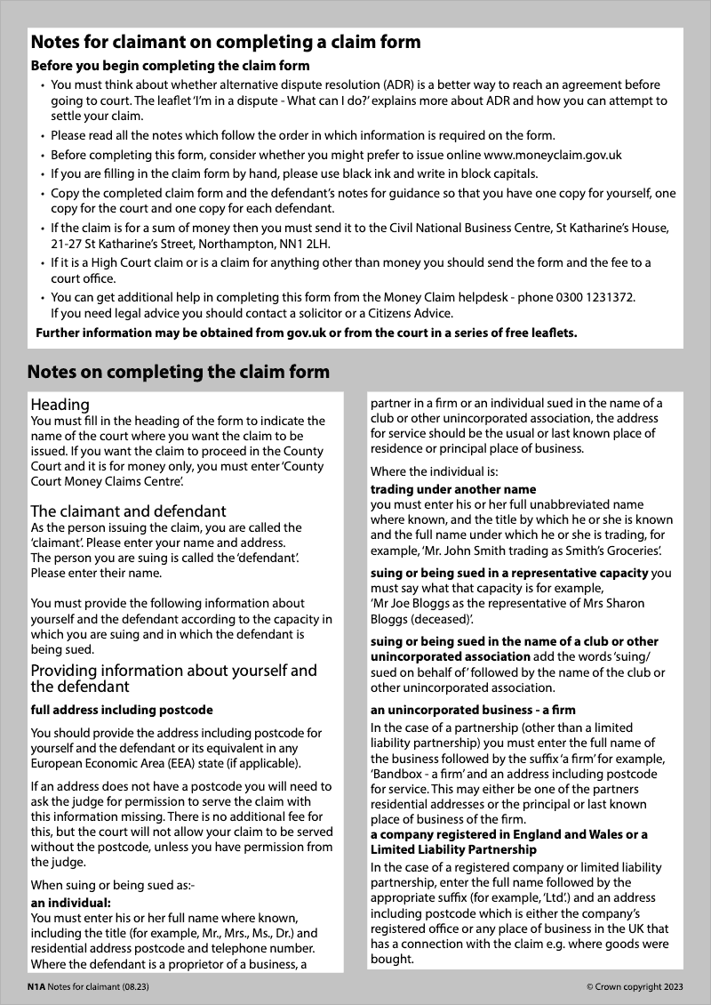N1A Notes for claimant on completing a claim form preview