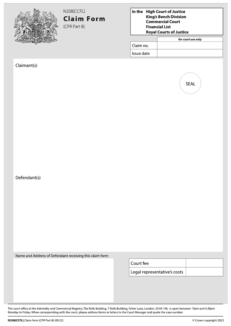 N208 CCFL Claim form for the Financial List CPR Part 8 Commercial Court preview