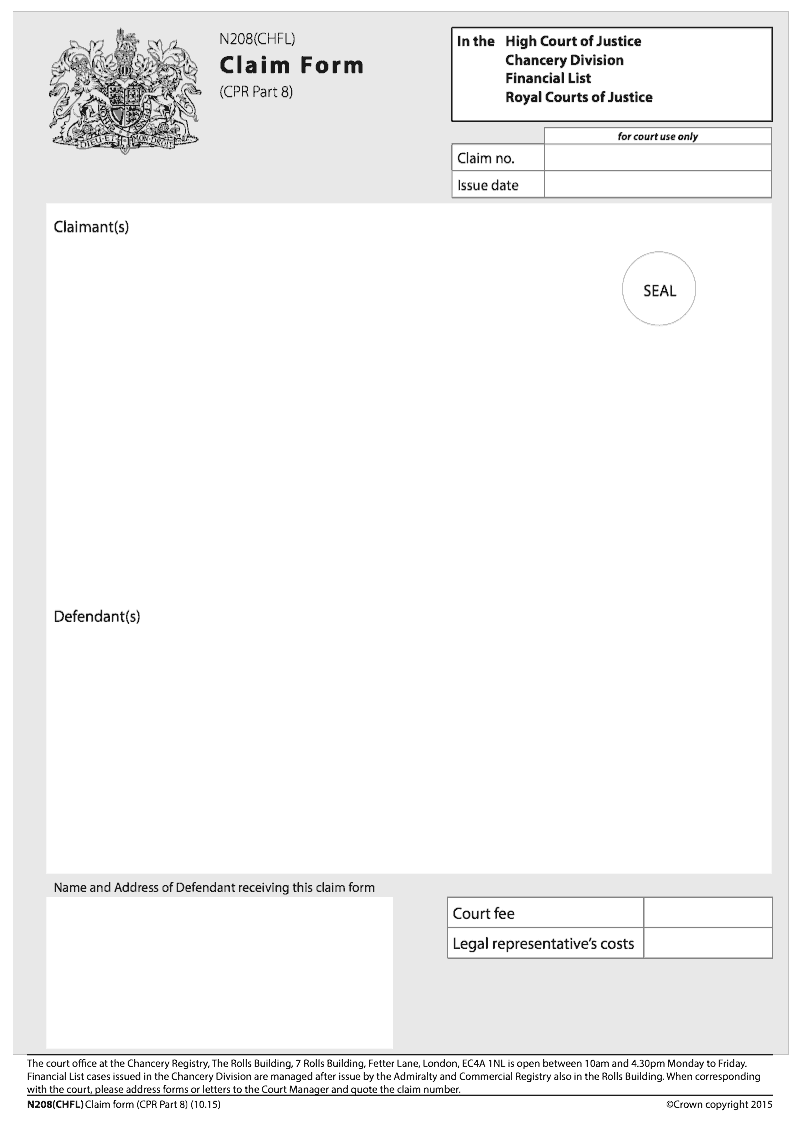 N208 CHFL Claim form for the Financial List CPR Part 8 Chancery Division preview