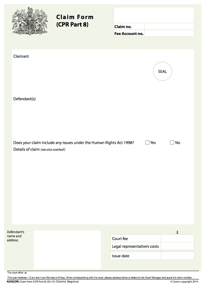 N208 DR Claim form CPR Part 8 District Registry Queen s Bench Chancery Division prevew