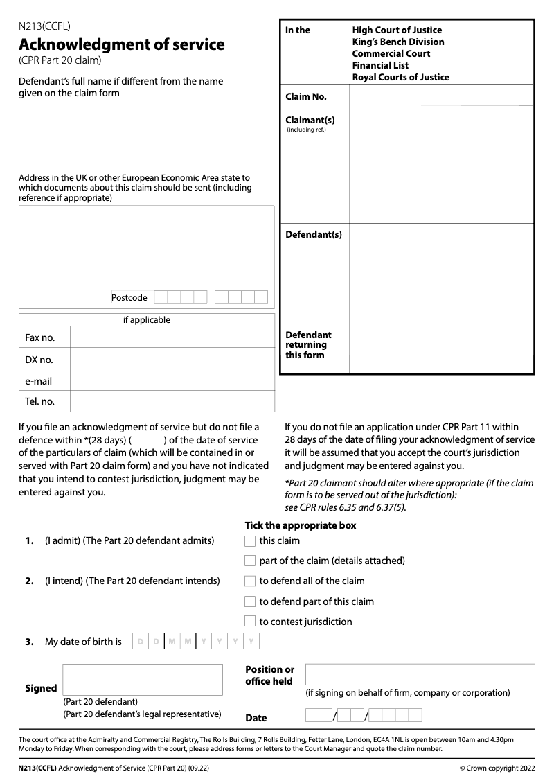 N213 CCFL Acknowledgment of service for the Financial List Part 20 claim Commercial Court preview