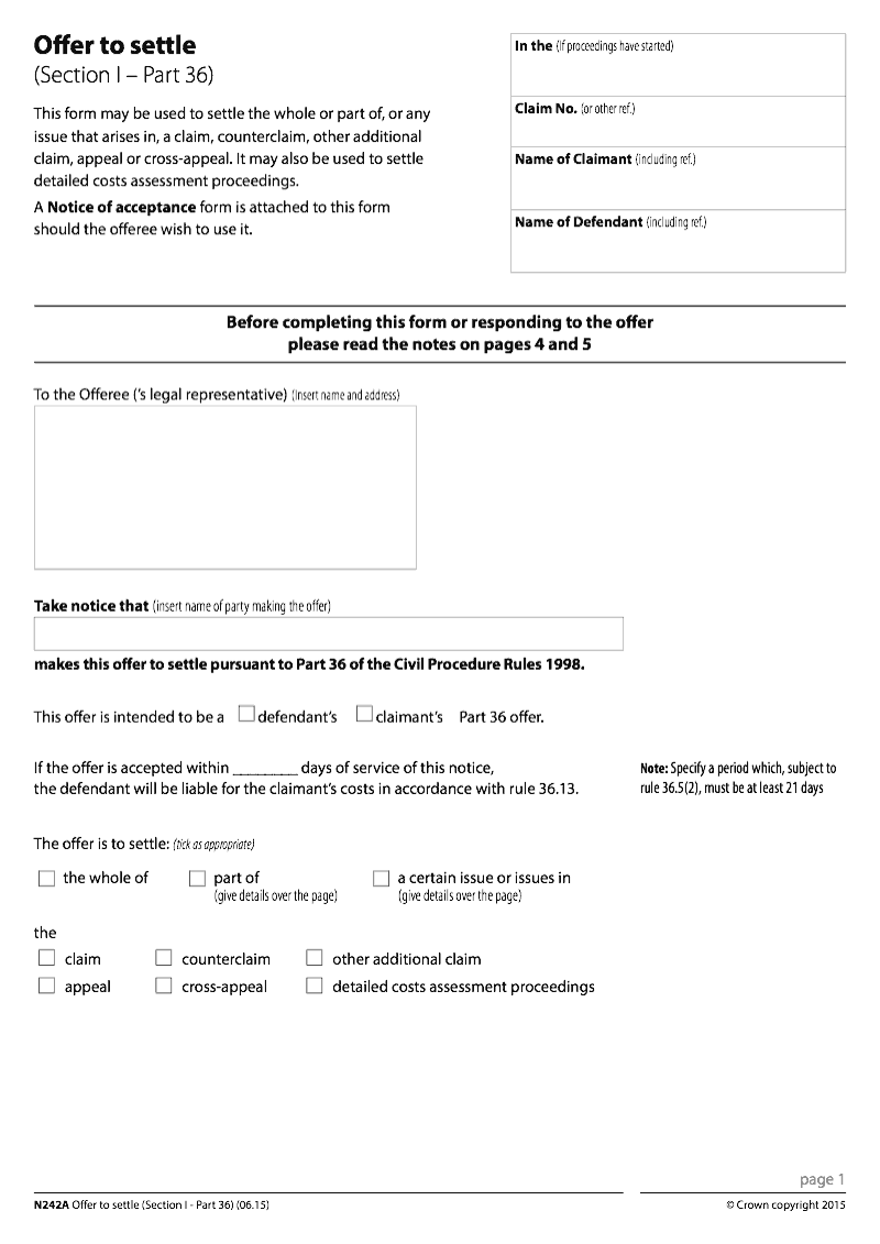 N242A Notice of offer to settle Section 1 Part 36 including notice of acceptance preview