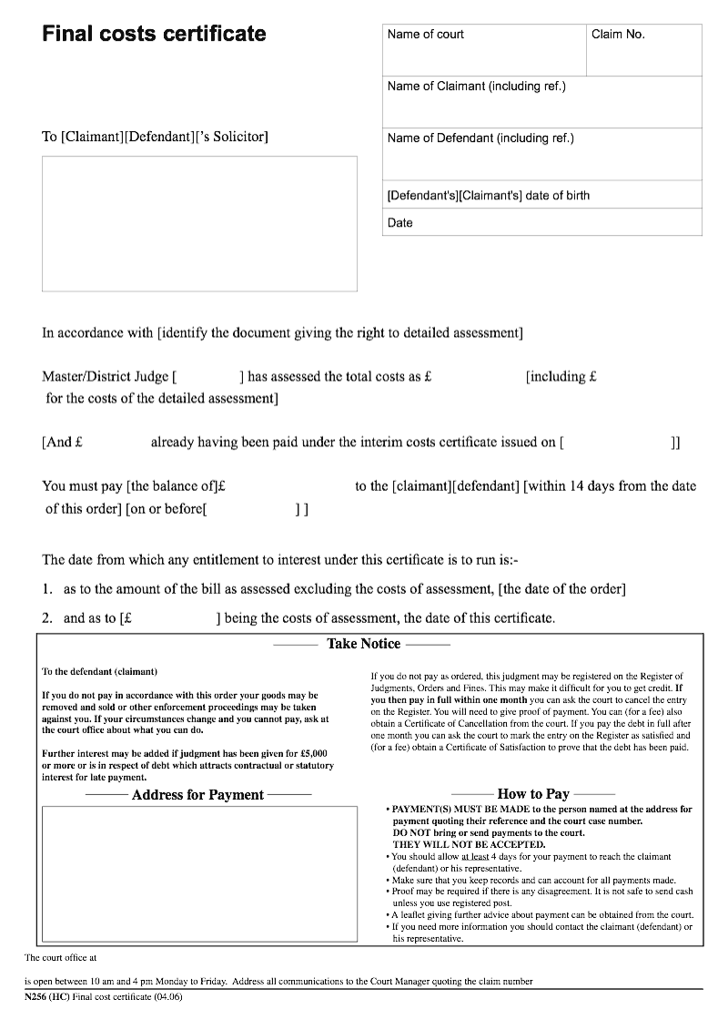 N256 HC Final costs certificate High Court preview
