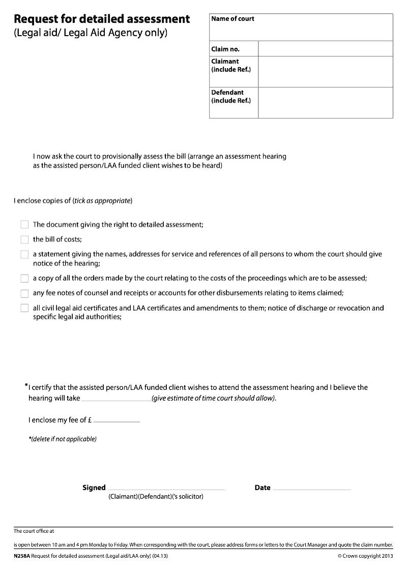 N258a request for detailed assessment legal aid legal aid agency only 