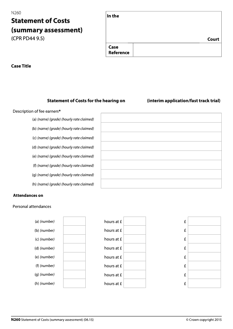 N260 Long Statement of Costs summary assessment extended for up to 8 fee earners electronic signature avaialble preview