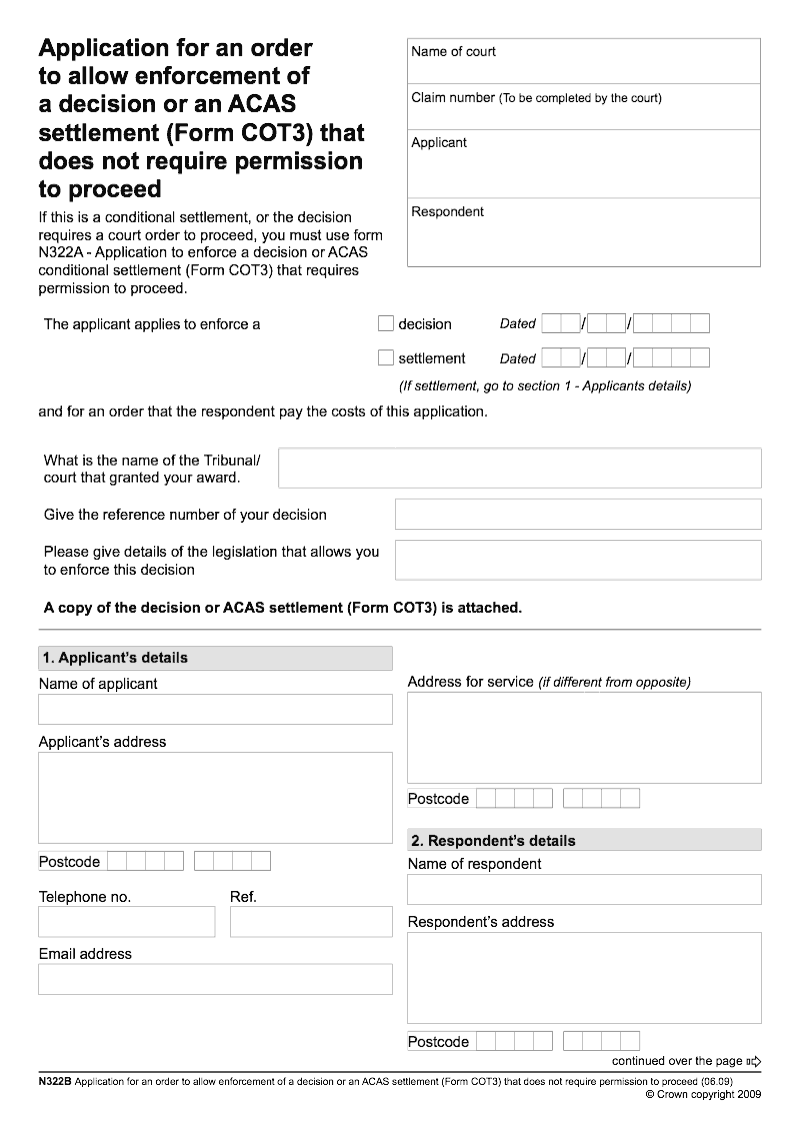 N322B Application for an order to allow enforcement of a decision or an ACAS settlement Form COT3 that does not require permission to proceed preview