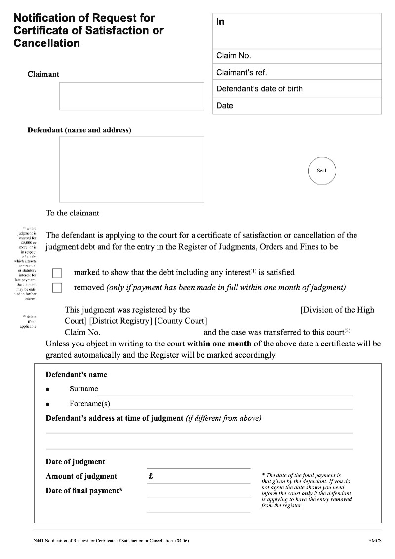 N441 Notification of Request for Certificate of Satisfaction or Cancellation preview