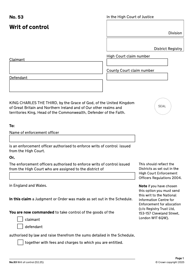 NO53 Writ of Control preview