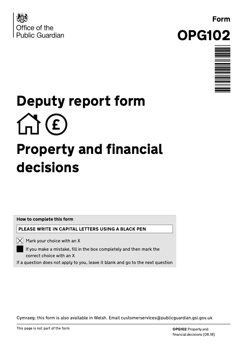 OPG102 Deputy report form Property and financial decisions preview