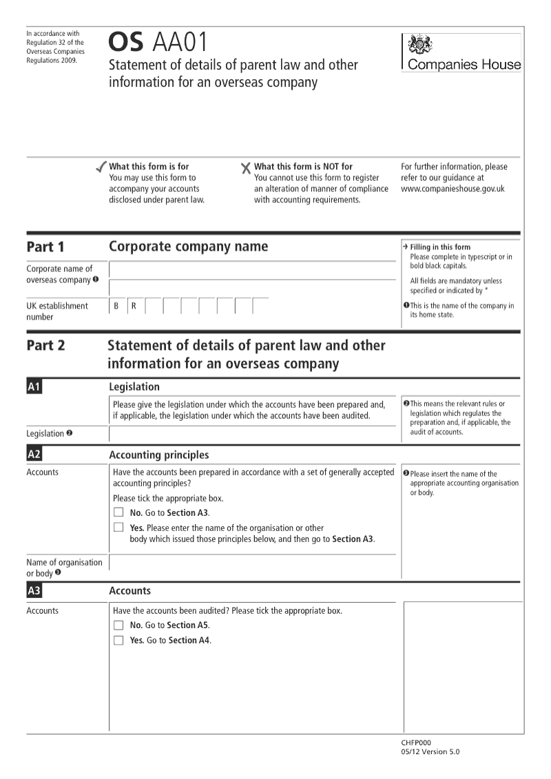 OS AA01 Statement of details of parent law and other information for an overseas company Regulation 32 preview