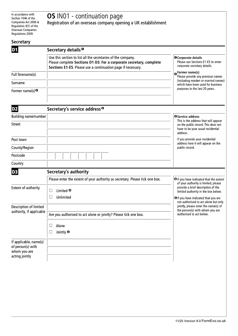 OS IN01 Continuation Page 1 Registration of an Overseas Company Opening a UK Establishment Secretary preview