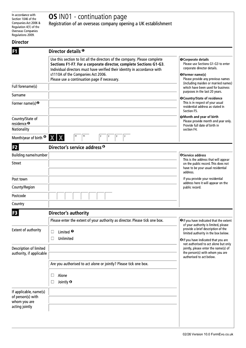 OS IN01 Continuation Page 3 Registration of an Overseas Company opening a UK establishment Director preview