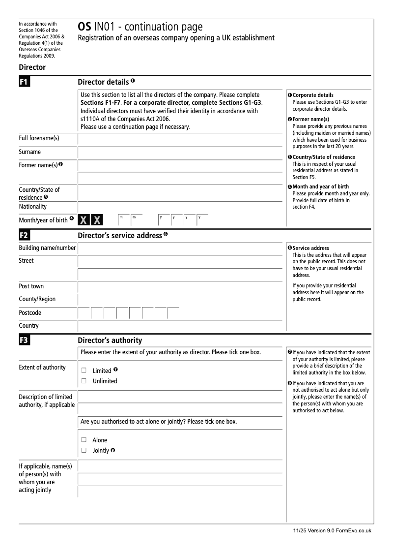 OS IN01 Continuation Page 3 Registration of an Overseas Company opening a UK establishment Director preview
