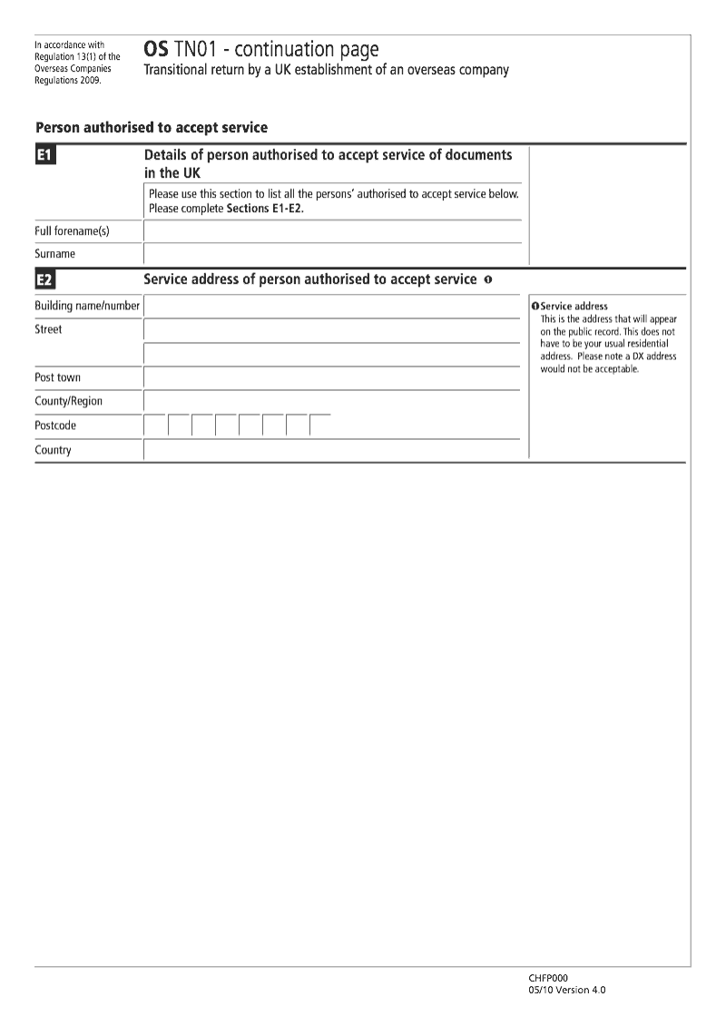 OS TN01 Continuation page 2 Details of person authorised to accept service of documents in the UK continuation page OS TN01 Transitional return by a UK establishment of an overseas company Regulation 13 1 preview
