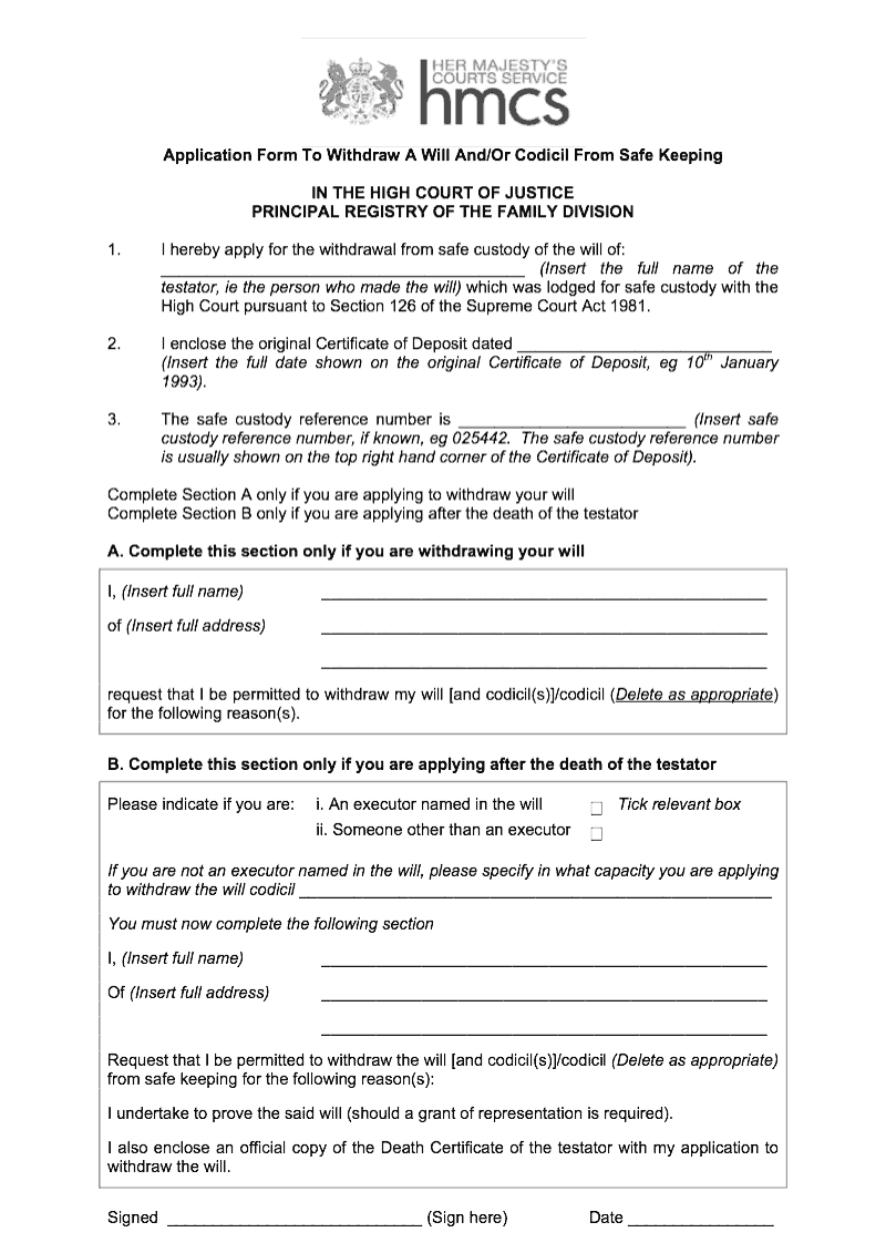 PA7A Application form to withdraw a will and or codicil from safe keeping preview