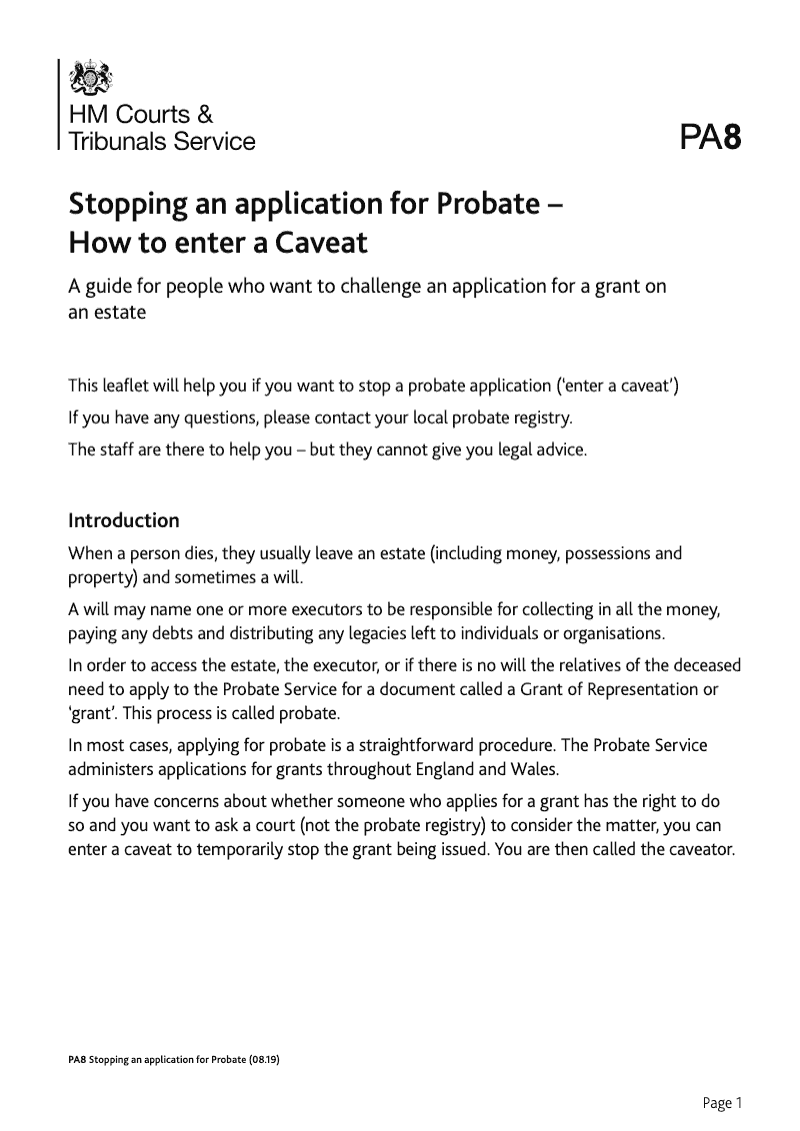 PA8 Stopping an Application for Probate How to enter a caveat preview