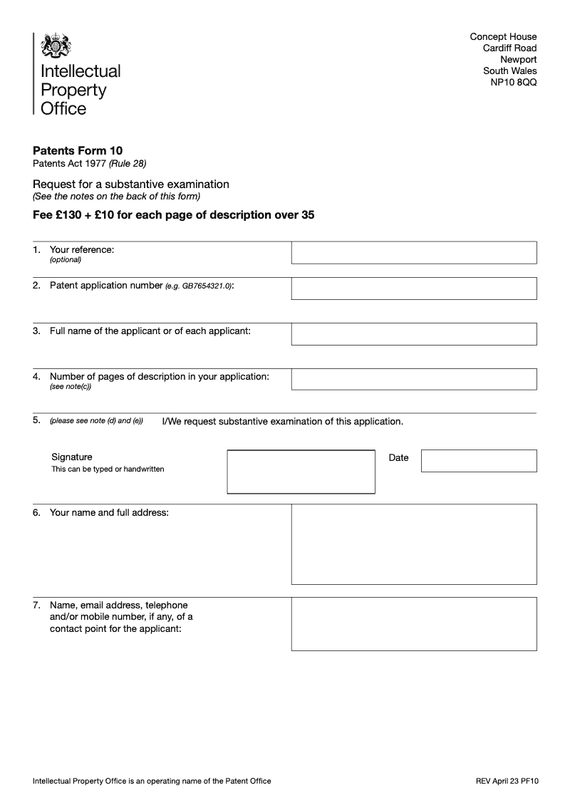 Patents Form 10 Request for a substantive examination Patents Act 1977 Rule 28 preview