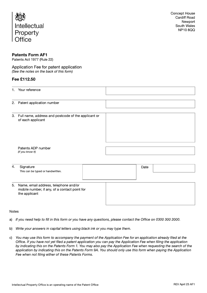 Patents Form AF1 Application fee for patent application Patents Act 1977 Rule 22 preview