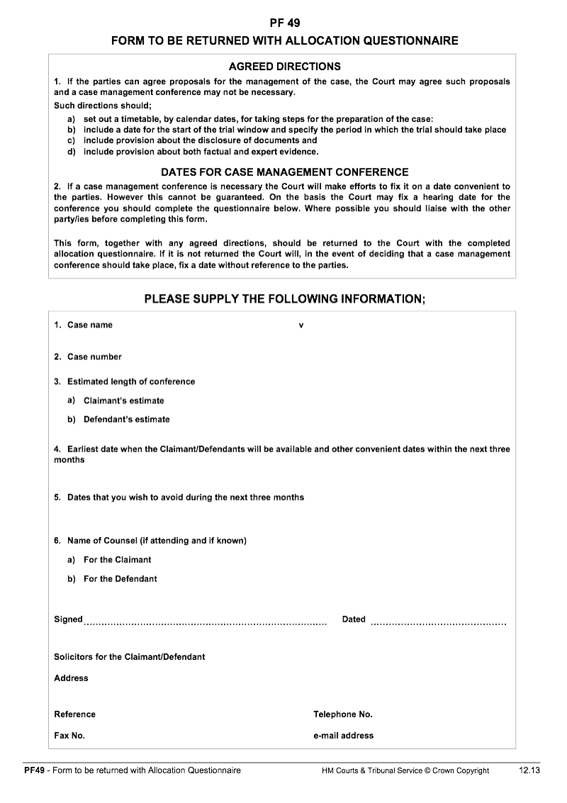 PF 49 Request for Parties to advise of convenient dates for hearing This form to be returned with Allocation Questionnaire preview