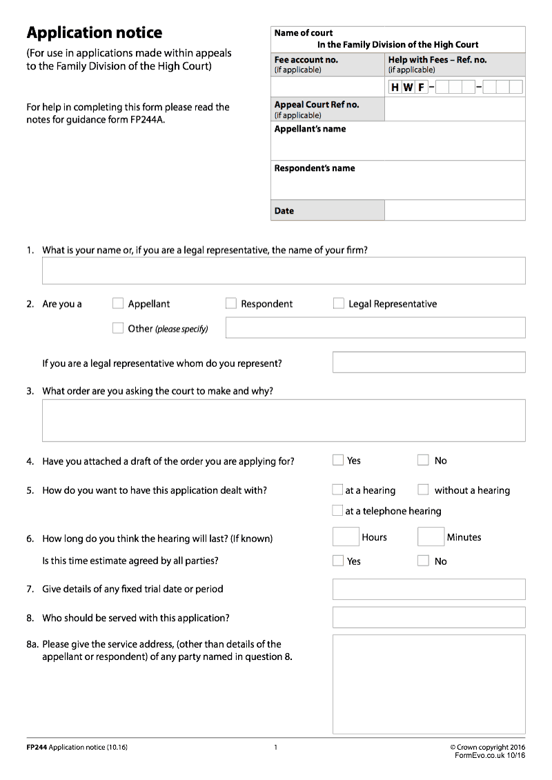 PF244 Application notice For use in applications made within appeals to the Family Division of the High Court preview