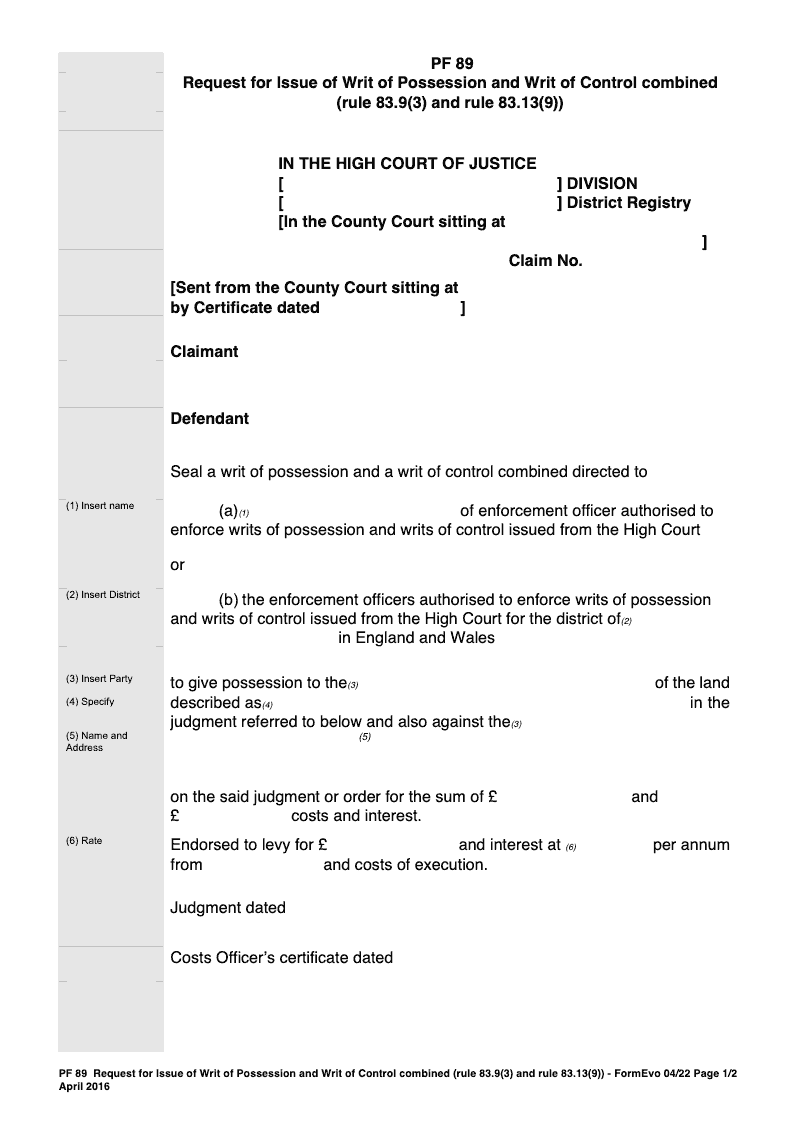 PF89 Request for Issue of Writ of Possession and Writ of Control Combined preview