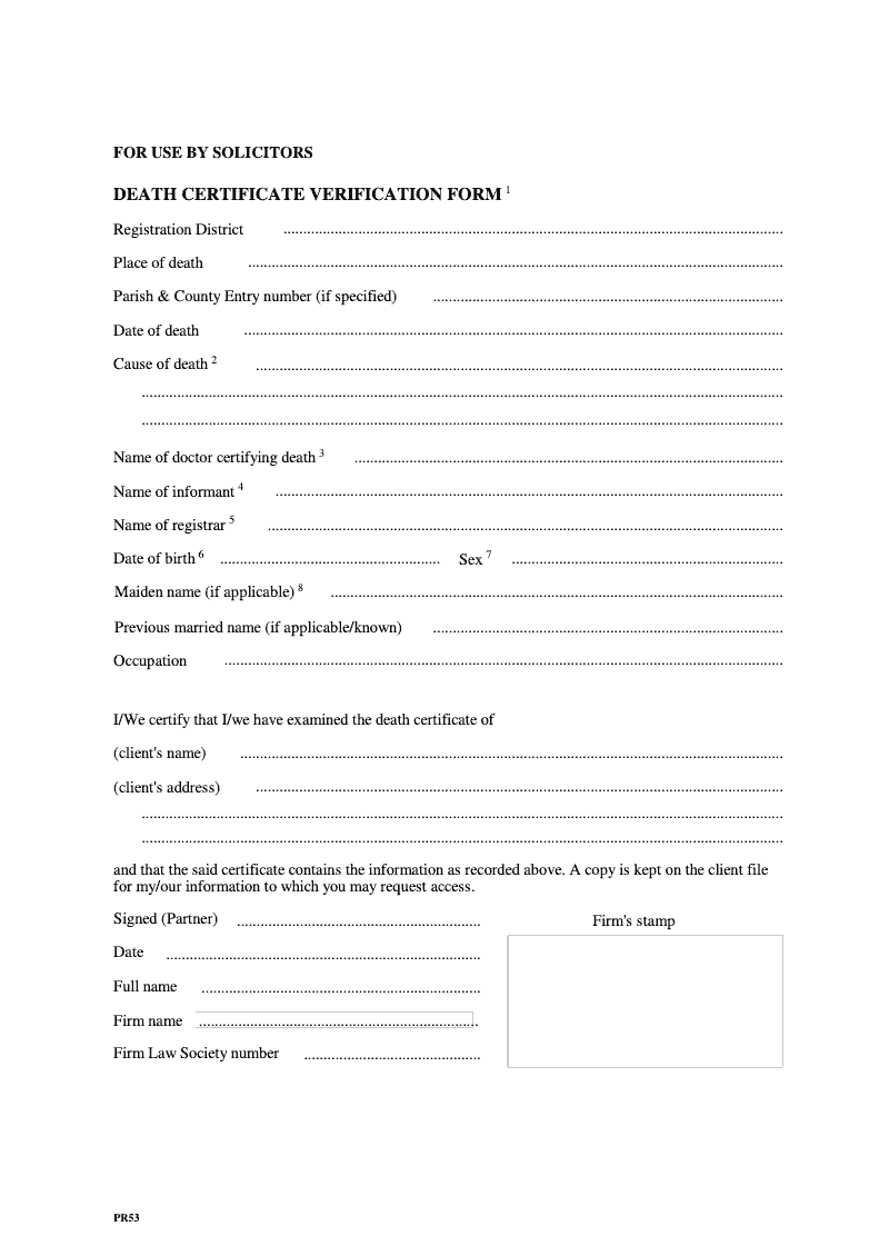 PR53 Death Certificate Verification Form preview
