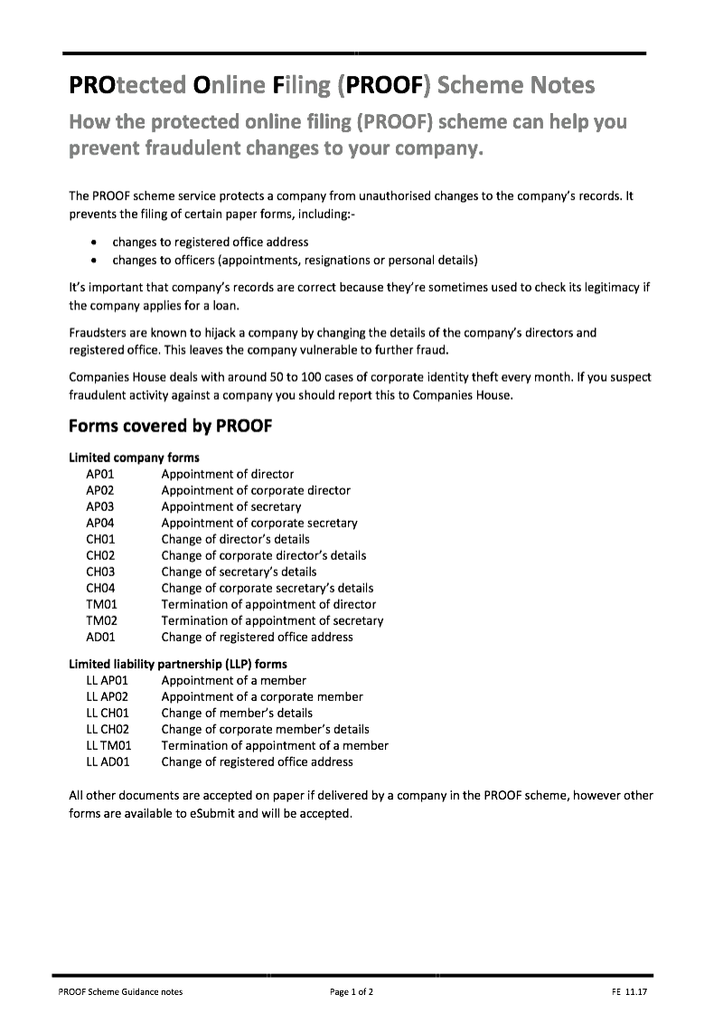 PROOF Notes Guidance notes for PROtected Online Filing PROOF Scheme Companies House eSubmission forms preview