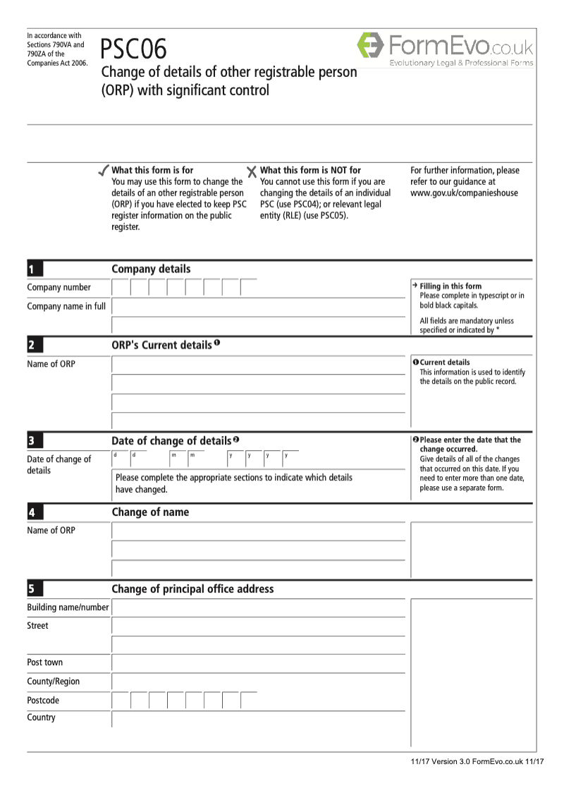 PSC06 Change of details of other registrable person ORP with significant control Section 790M and 790ZA of the Companies Act 2006 preview