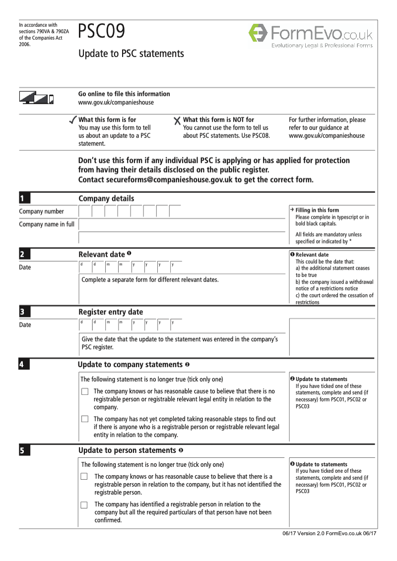 PSC09 Update to PSC statements Section 790M and 790ZA of the Companies Act 2006 preview