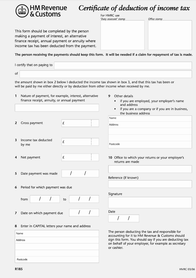 R185 Certificate of deduction of income tax preview