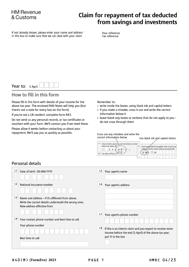 R40 M Claim for repayment of tax deducted from savings and investments preview