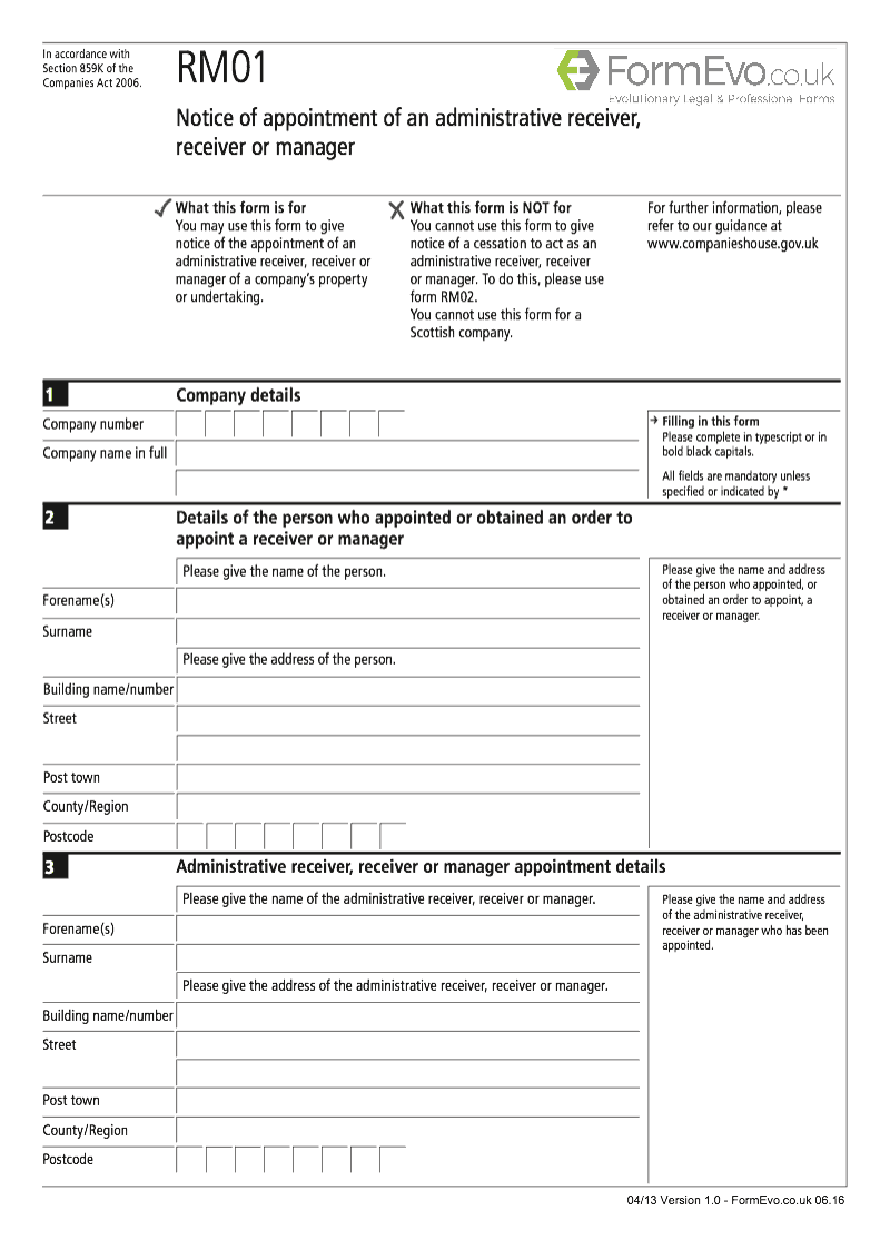 RM01 Notice of appointment of an administrative receiver receiver or manager Section 859K preview