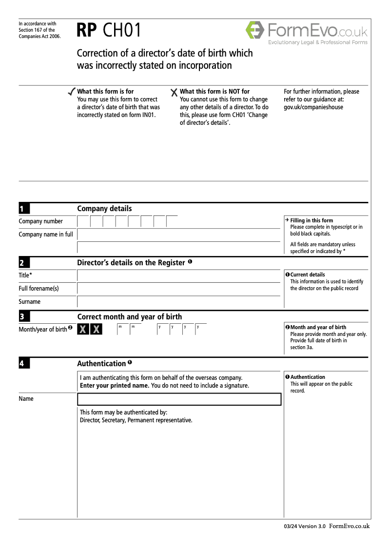 RP CH01 Correction of a director s date of birth which was incorrectly stated on incorporation Section 167 preview