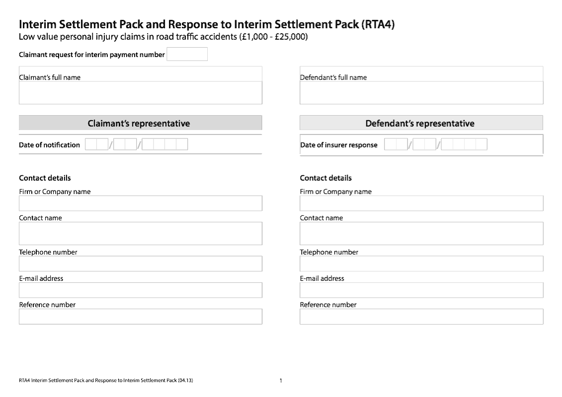 RTA4 Interim Settlement Pack and Response to Interim Settlement Pack RTA4 Low value personal injury claims in road traffic accidents preview