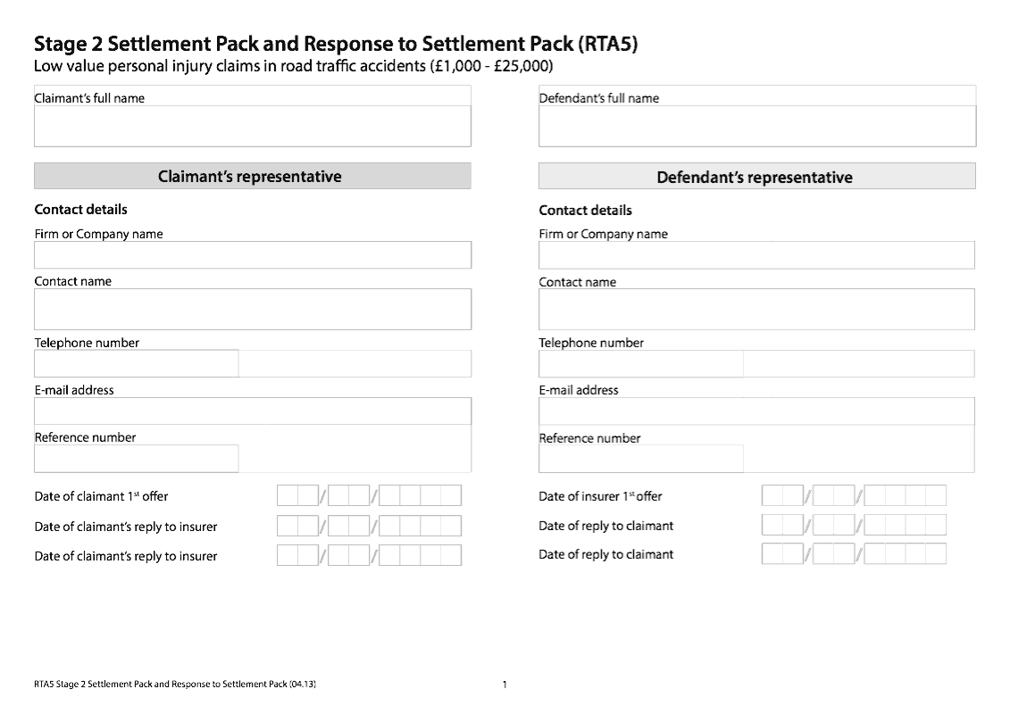 RTA5 Stage 2 Settlement Pack and Response to Settlement Pack RTA5 Low value personal injury claims in road traffic accidents preview