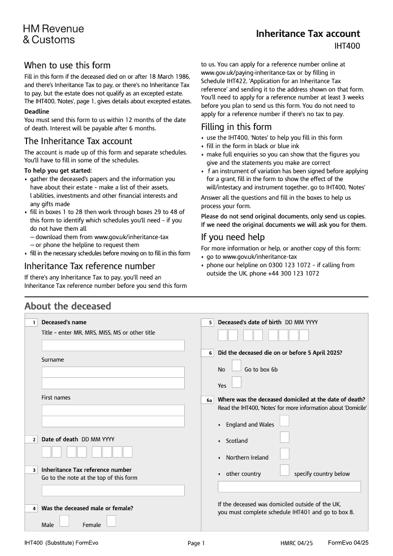SA IHT400 Inheritance Tax account Standalone version preview